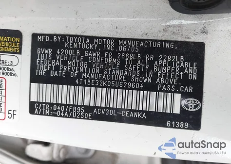 2005 Toyota Camry Le from USA, damaged, VIN 4T1BE32K05U629604